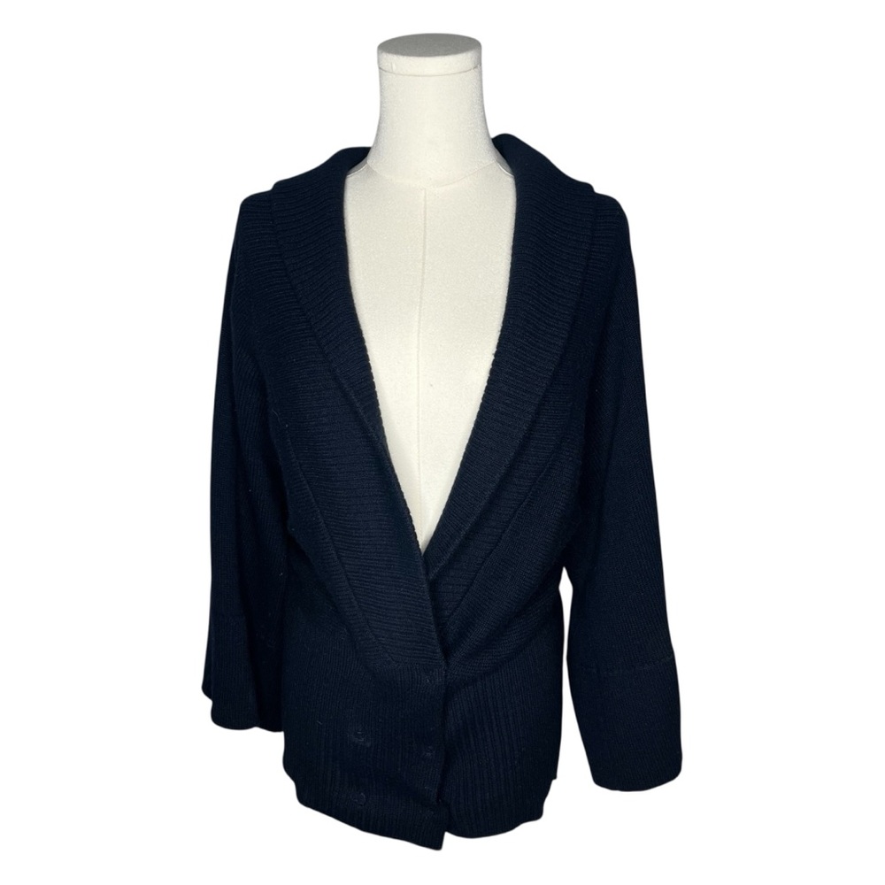 Ya-Ya Navy Blue Cashmere Wool Wide Kimono Sleeve Banded Waist Sweater Cardigan